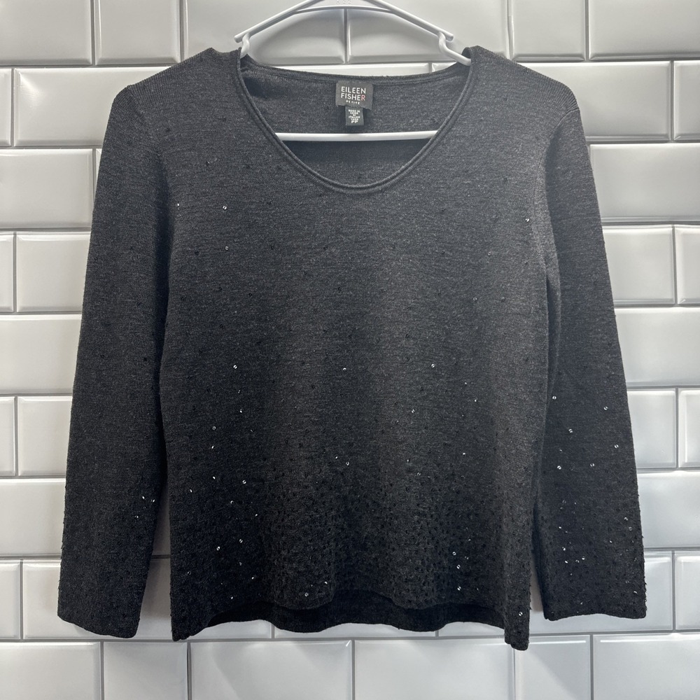 Eileen Fisher Women's Size PP 100% Merino Wool Charcoal Black Sequin Sweater
